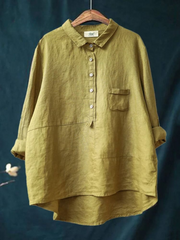 Women's Lapel Neck Casual Solid Colour Cotton And Linen Long Sleeve Shirt