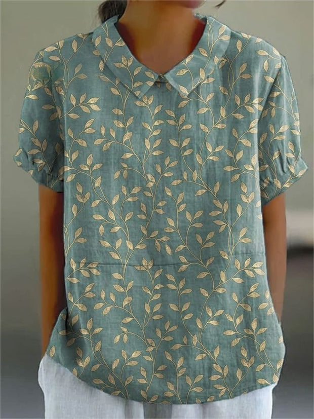 Women's Leaves Art Print Casual Cotton And Linen Shirt