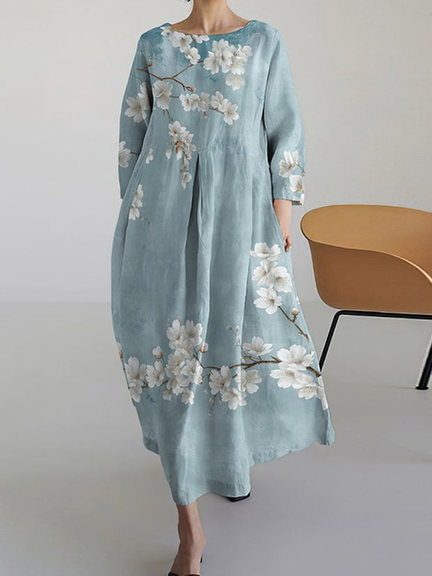 Women's Loose Blossom Printed Cotton Linen Crew Neck Maxi Dress