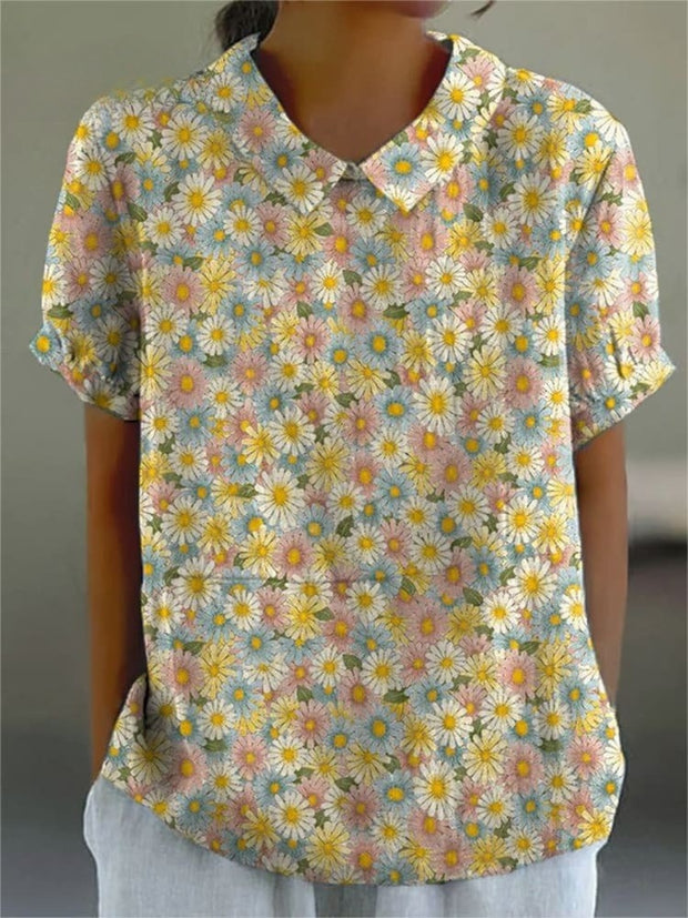 Women's Lovely Floral Art Print Casual Cotton And Linen Shirt