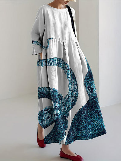 Women's Octopus Print Linen Blend Casual Maxi Dress