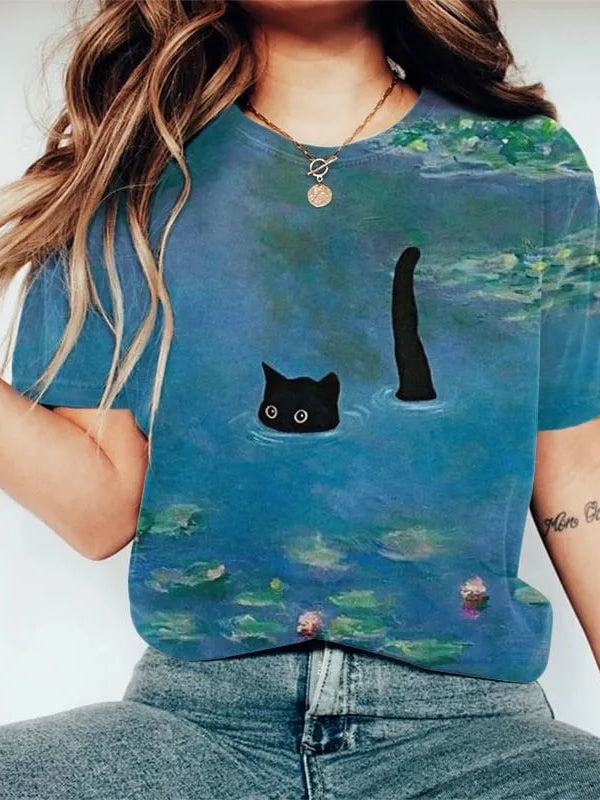 Women's Oil Painting Cat Print T-Shirt