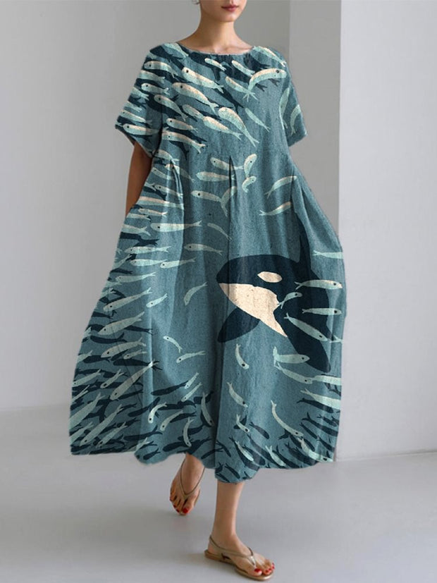 Women's Orca And Herring Art Print Cotton Linen Dress
