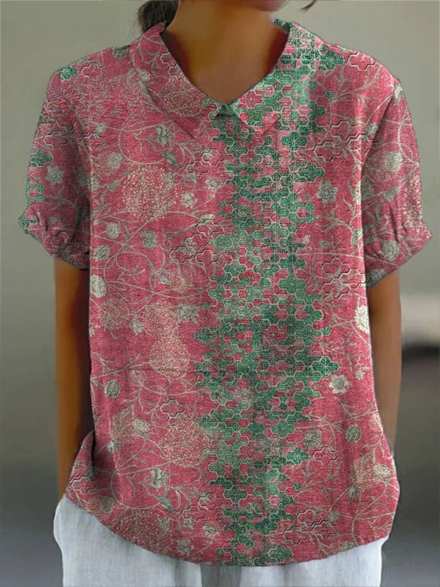 Women's Pink Pattern Print Casual Cotton And Linen Shirt