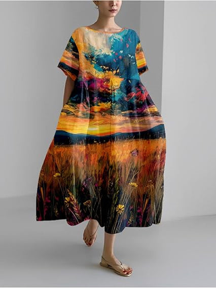 Summer Bohemian Countryside Landscape Print Ruffle Hem Elegant Soft Dress