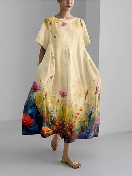 Summer Bohemian Countryside Landscape Print Ruffle Hem Elegant Soft Dress