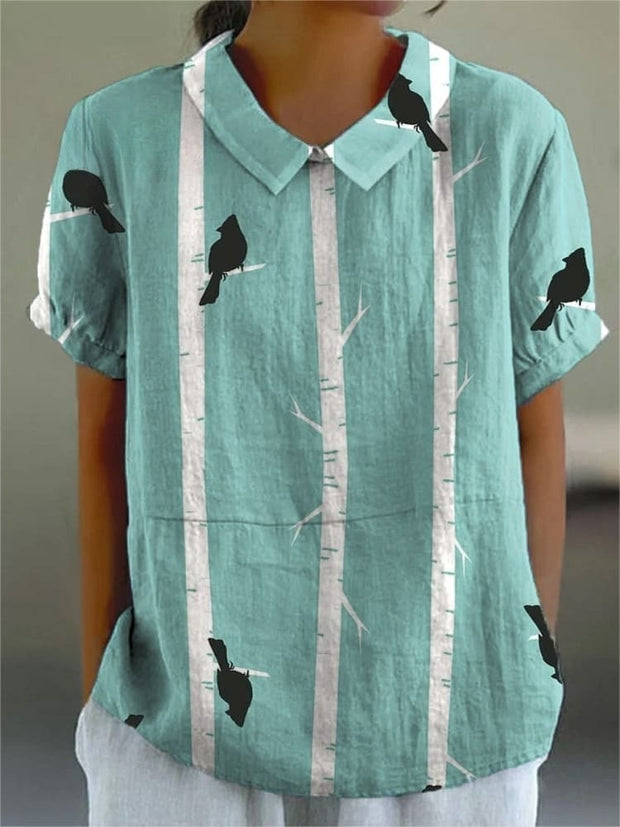 Women's Retro Bird Branch Pattern Printed Casual Cotton And Linen Shirt