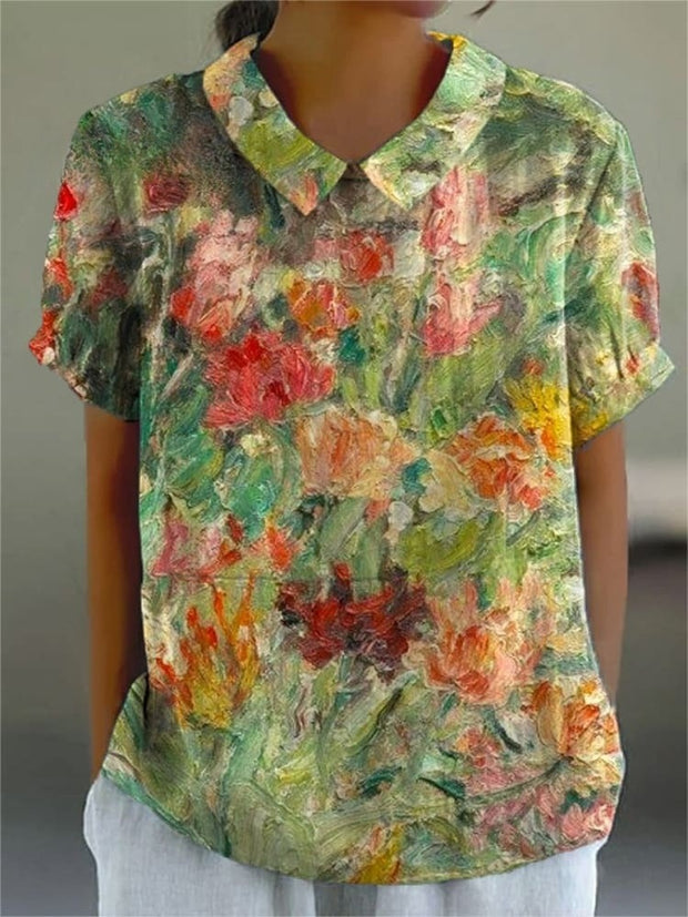 Women's Retro Floral Art Print Casual Cotton And Linen Shirt