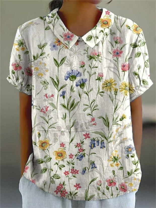 Women's Retro Floral Art Print Casual Cotton And Linen Shirt