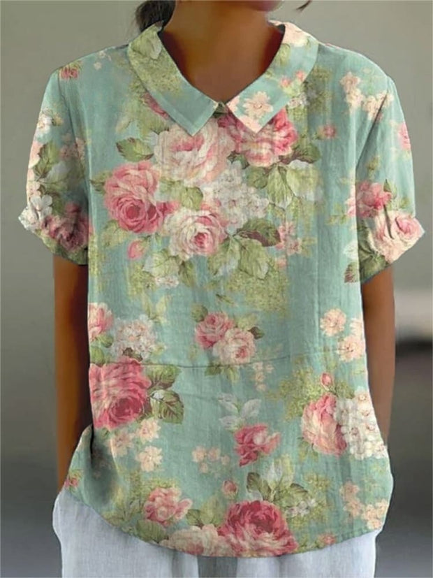 Women's Retro Floral Art Print Casual Cotton And Linen Shirt