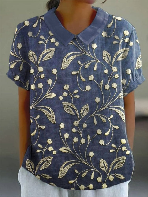 Women's Retro Floral Art Print Casual Cotton And Linen Shirt