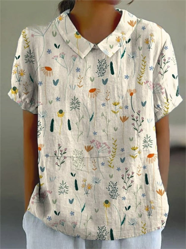 Women's Retro Floral Art Print Casual Cotton And Linen Shirt