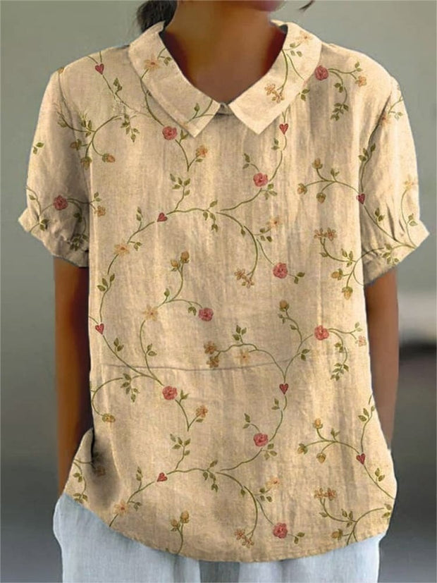 Women's Retro Floral Art Print Casual Cotton And Linen Shirt