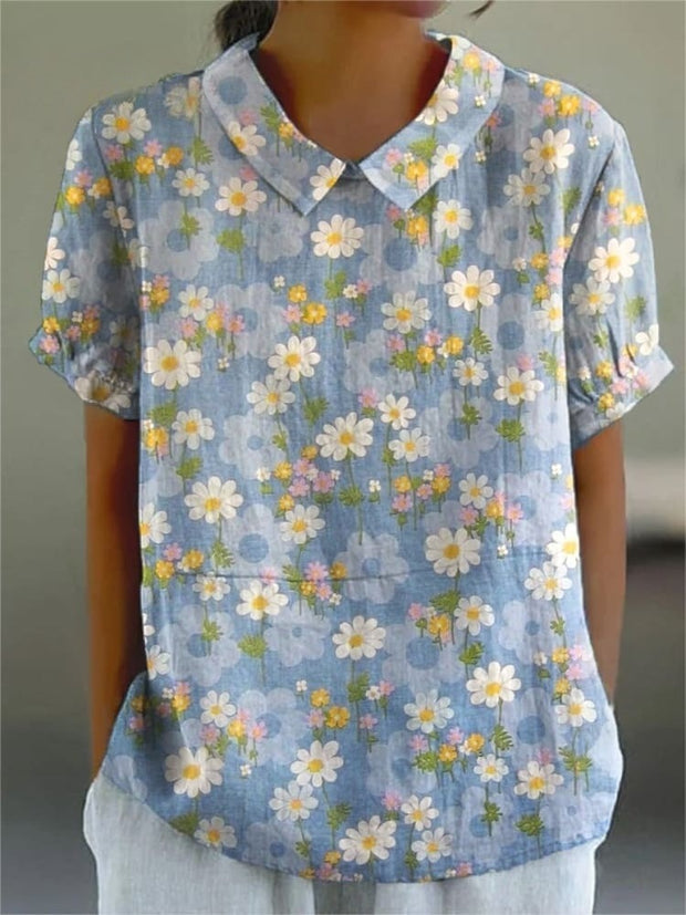 Women's Retro Flower Art Print Casual Cotton And Linen Shirt