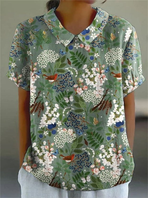 Women's Retro Flower Art Print Casual Cotton And Linen Shirt