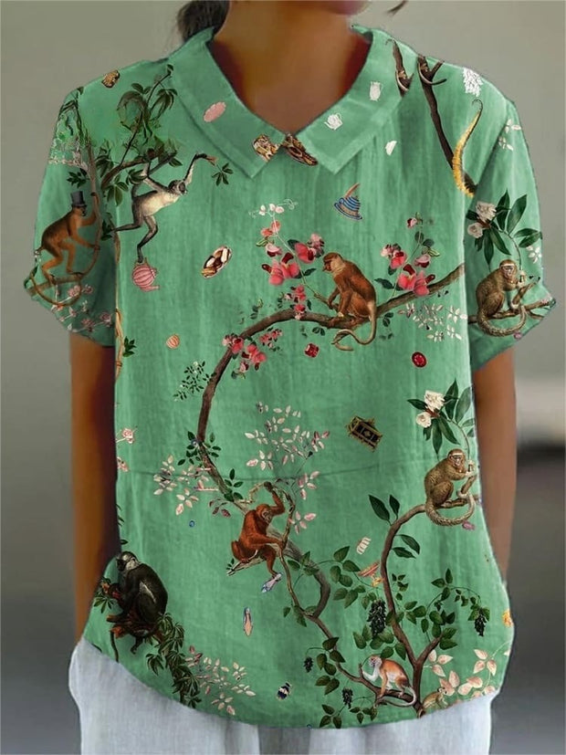 Women's Retro Monkey Flower Art Print Casual Cotton And Linen Shirt