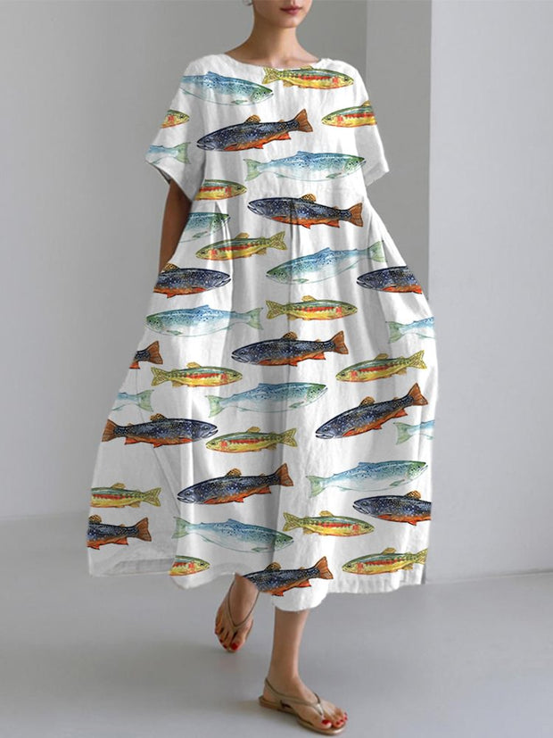 Women's Trout Watercolor Art Print Linen Blend Dress
