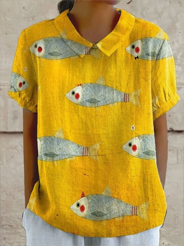 Women's Vintage Fish Art Print Casual Cotton And Linen Shirt