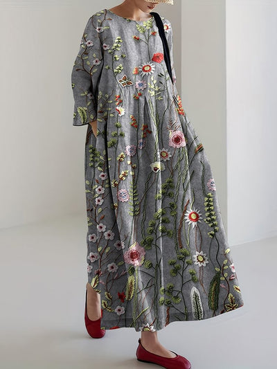 Women's Vintage Floral Embroidery Design Printed Linen Blend Maxi Dress