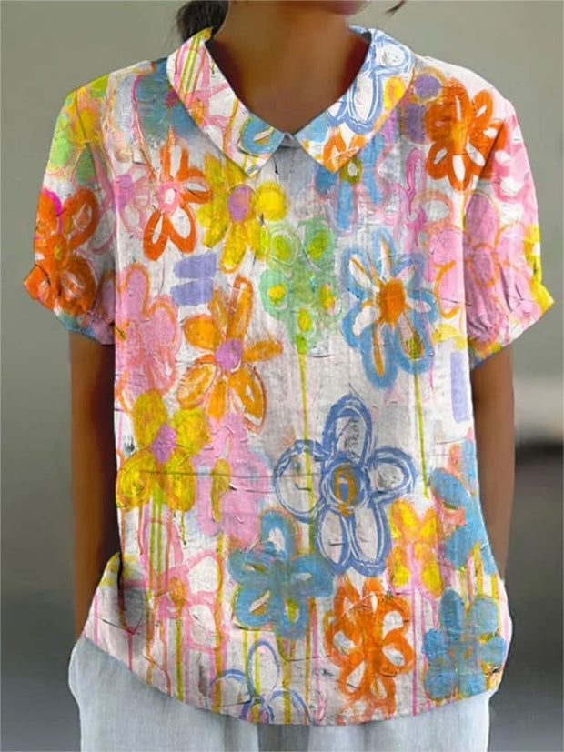 Women's Vintage Flower Print Casual Cotton And Linen Shirt