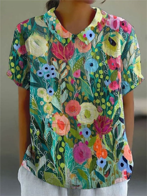 Women's Vintage Flower Print Casual Cotton And Linen Shirt