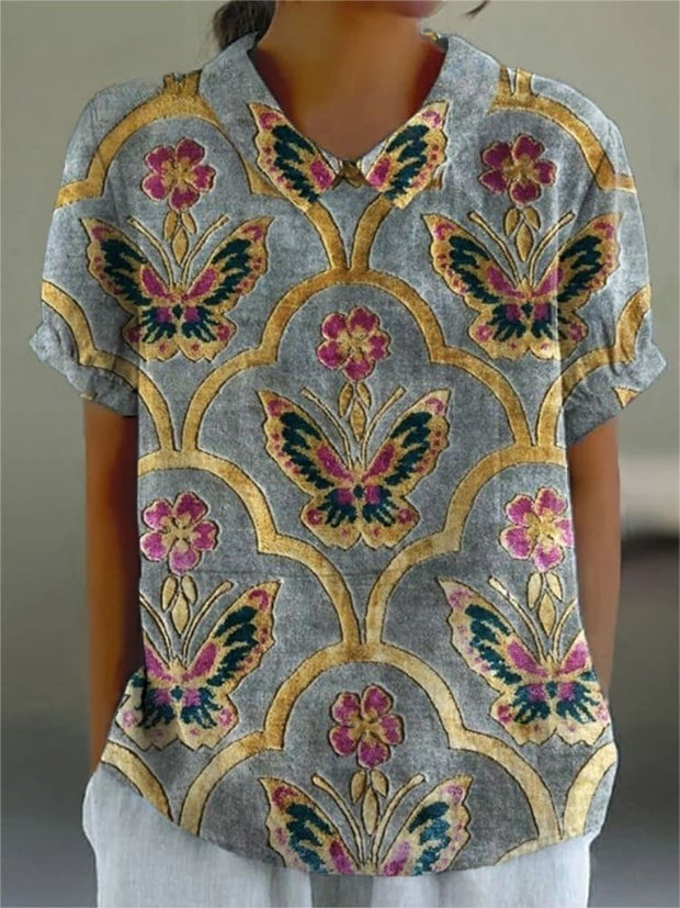 Women's Vintage Lovely Butterflies Pattern Art Print Casual Cotton And Linen Shirt