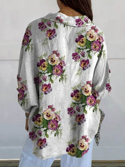 Women's Vintage Lovely Pansies Art Print Casual Linen V-Neck Shirt