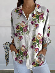 Women's Vintage Lovely Pansies Art Print Casual Linen V-Neck Shirt