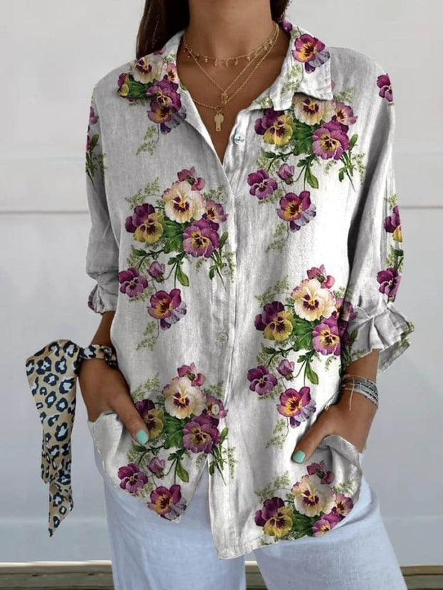 Women's Vintage Lovely Pansies Art Print Casual Linen V-Neck Shirt