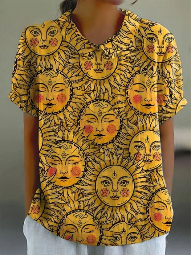 Women's Vintage Lovely Sun Pattern Art Print Casual Cotton And Linen Shirt