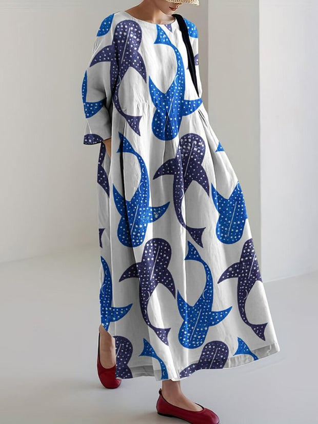Women‘s Whale Art Linen Blend Casual Maxi Dress