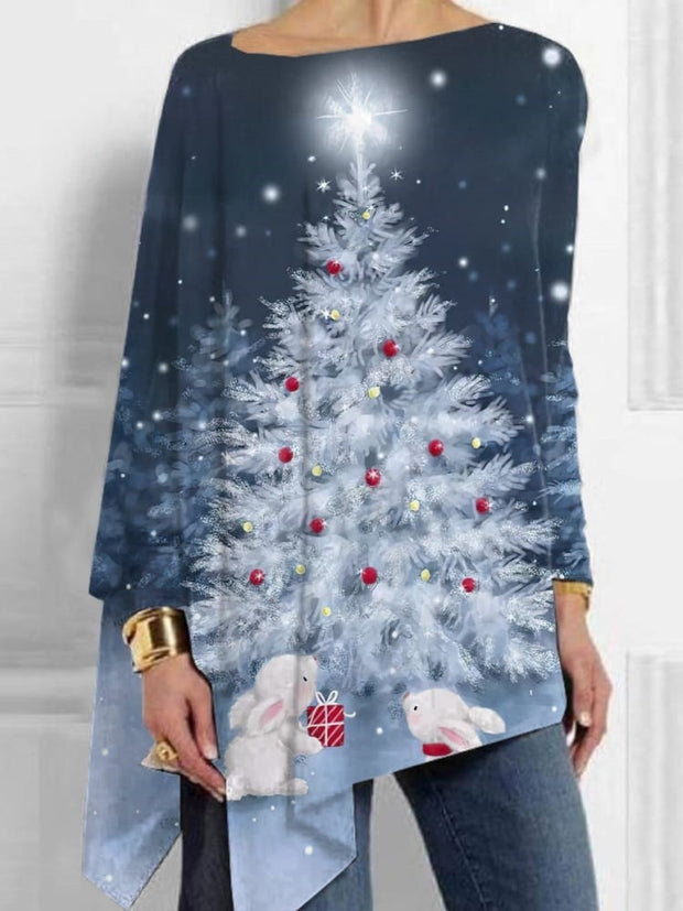 Christmas Tree Print Mid-Length Irregular Tops