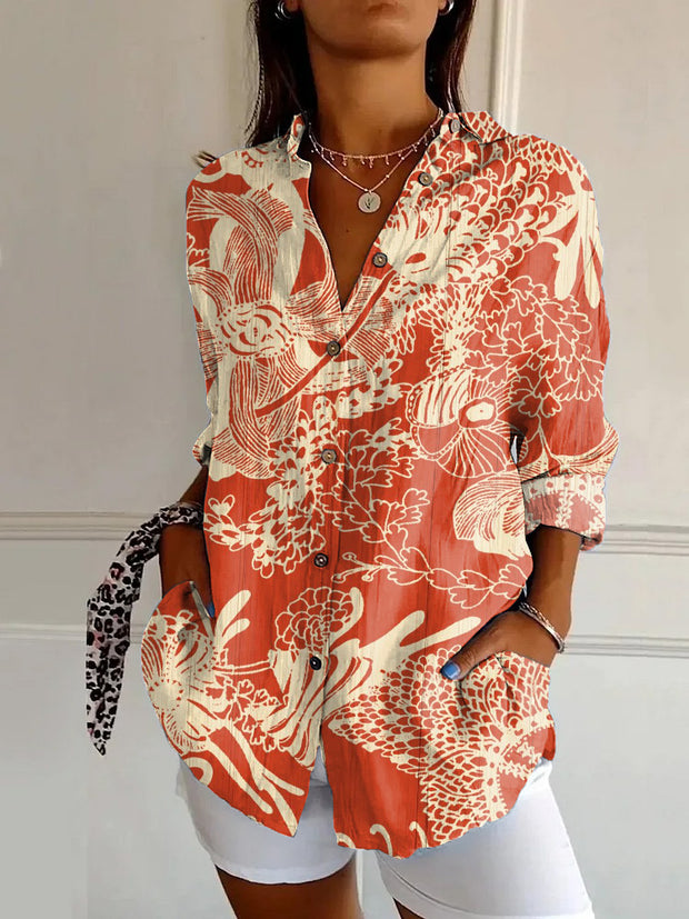 Japanese Retro Floral Print Casual Long Sleeve Shirt