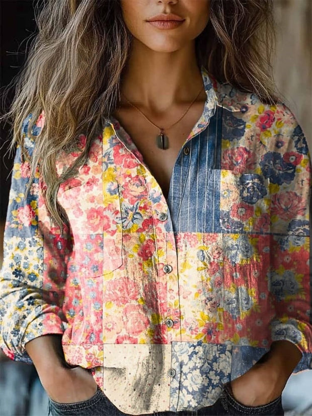 Women's Vintage Bohemian Floral Print Casual Western Shirt