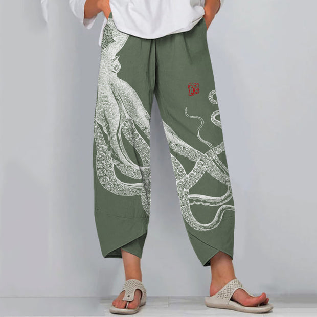 Japanese Octopus Art Print Loose Casual Pants