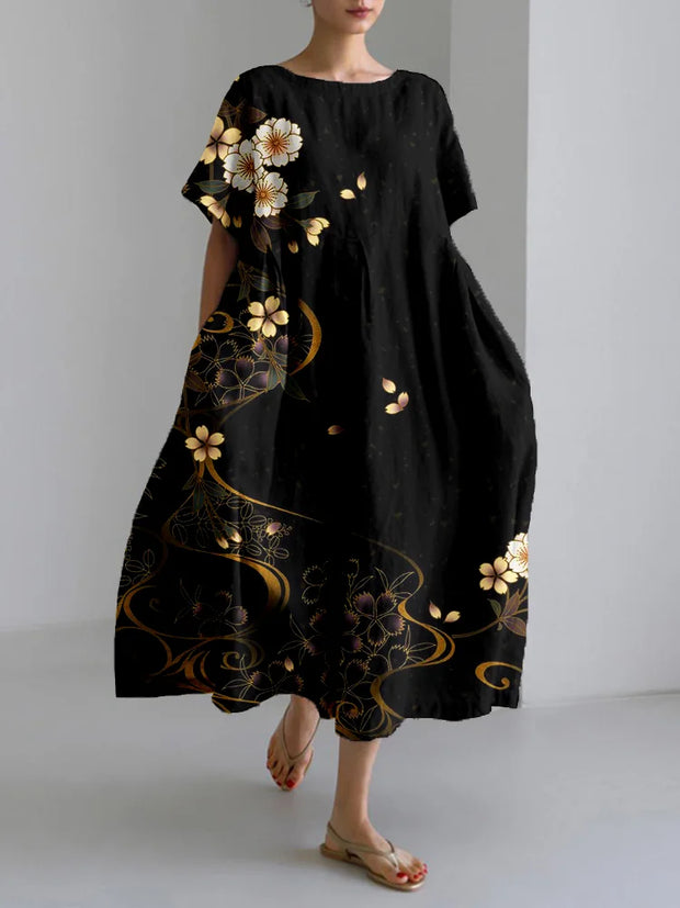 Japanese Sakura Art Linen Blend Maxi Dress