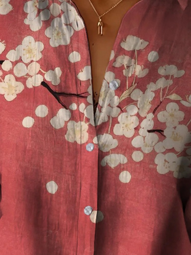 Elegant Gentle And Intellectual Plum Blossom Printed Cotton And Linen Shirt