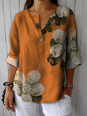 Simple Gentle And Generous Flowers Printed Cotton And Linen Shirt