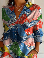 Japanese Style Mountain Scenery Pattern Printed Women's Casual Cotton Shirt