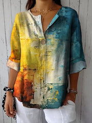 Fashionable Design With Two-Color Stitching Printed Cotton And Linen Shirt