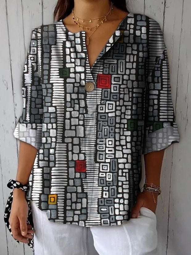 Black And White Speckled Line Segments Printed Cotton And Linen Shirt