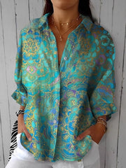 Elegant Ethnic Pattern Printed Three-Quarter Sleeves Cotton And Linen Shirt