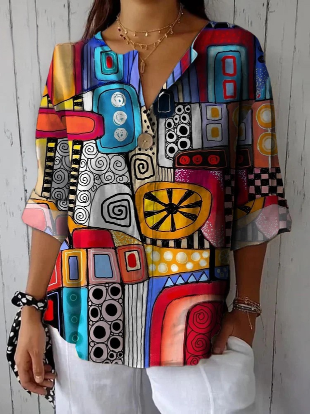 Fashion Art Creative Pattern Puzzle Printed Cotton And Linen Shirt