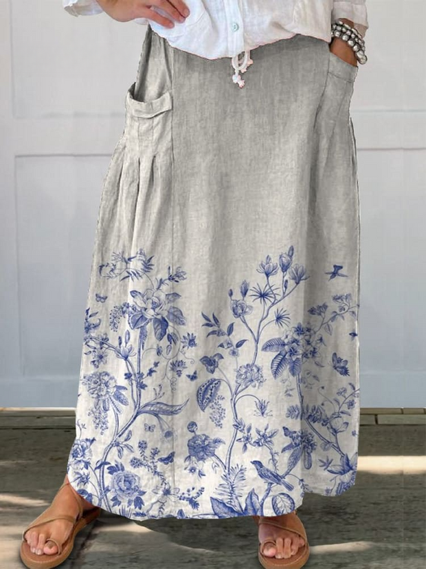 Blue And White Spring Rose Pattern Printed Women's Linen Pocket Skirt