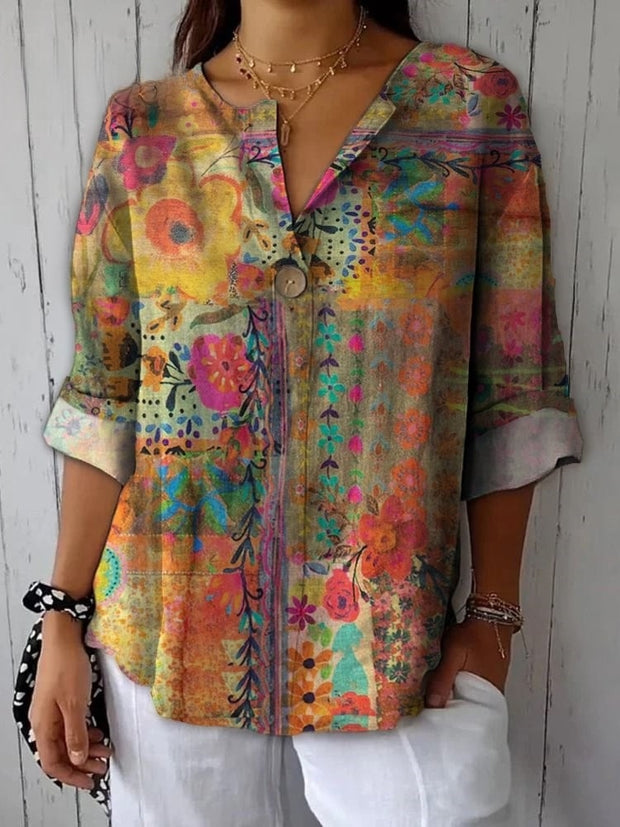 Gentle Elegant And Dignified Flowers Printed Cotton And Linen Shirt