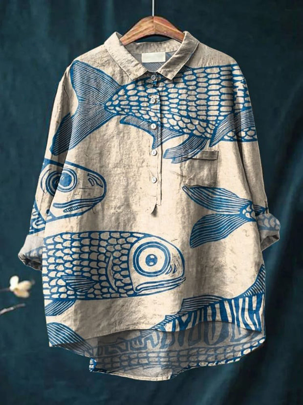 Women's Japanese Blue Fish Print Casual Cotton And Linen Shirt