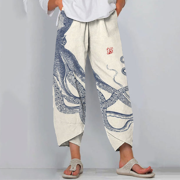 Japanese Octopus Art Print Loose Casual Pants