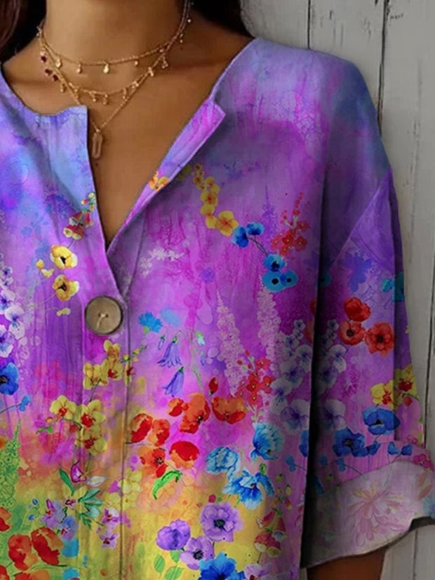 Bright And Beautiful Watercolor Flowers Printed Cotton And Linen Shirt