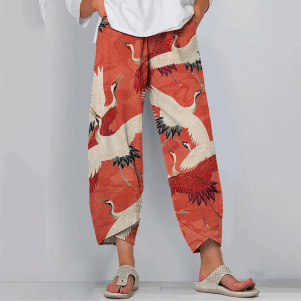 Japanese Art Crane Print Casual Pants