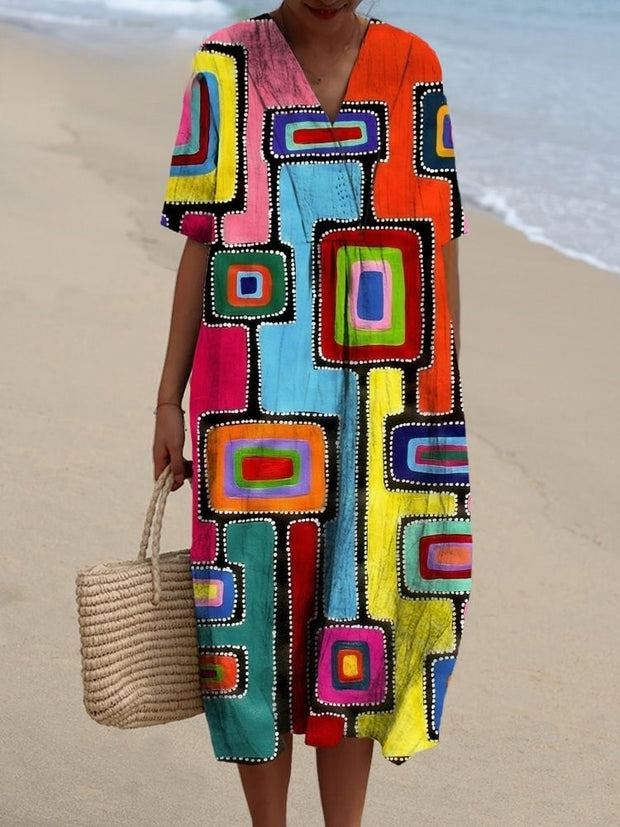 Fashion Color Block Puzzle Printed Women's Casual Cotton And Linen Dress